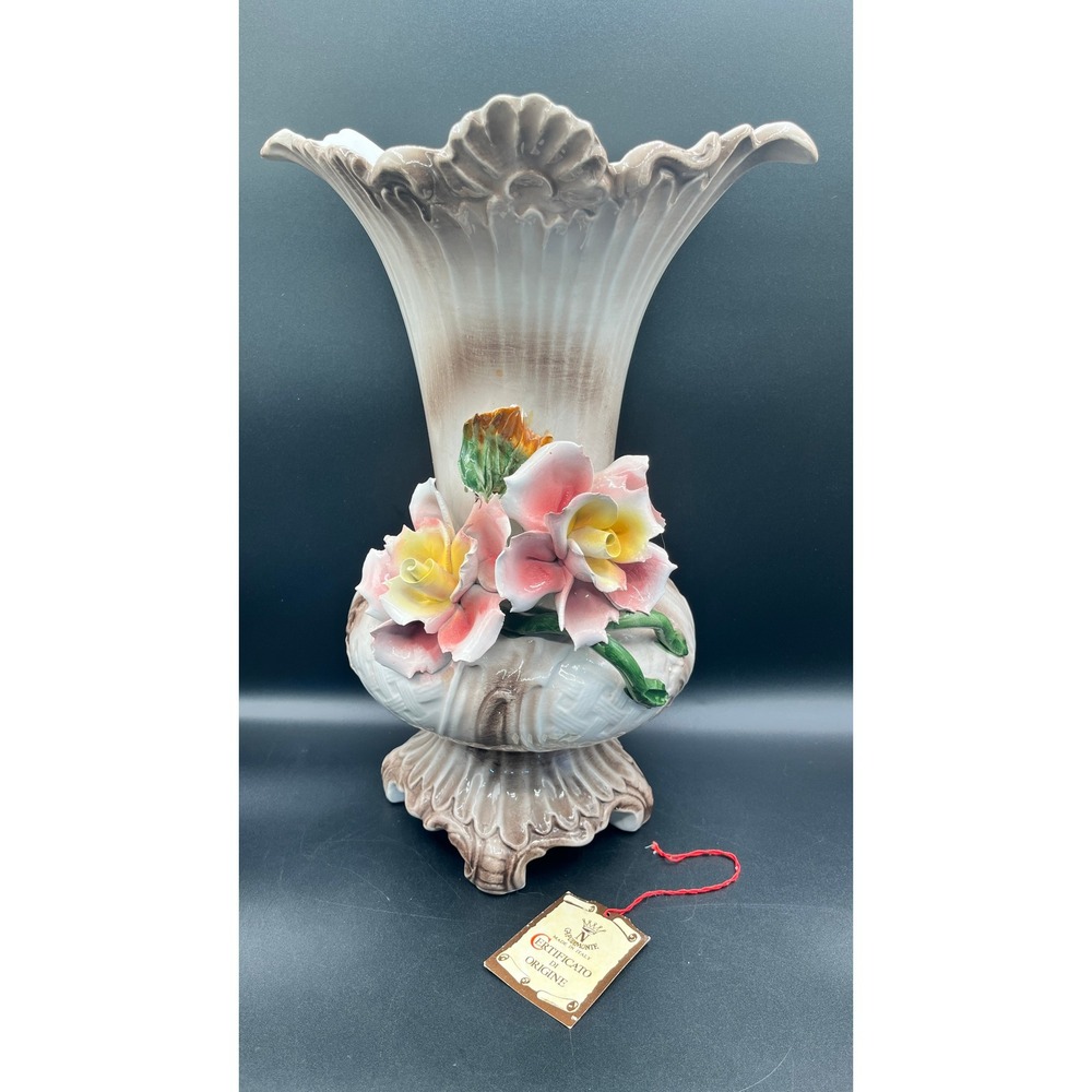 Vtg Capodimonte Italy Hand Painted 3D Floral Porcelain Scallop Vase‎ 14.5" As Is